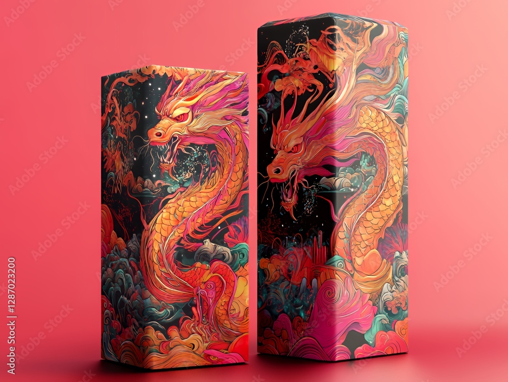Obraz premium Stunning Dragon Art on Colorful Packaging Showcases Vibrant Design Elements and Intricate Details in a Modern Artistic Style