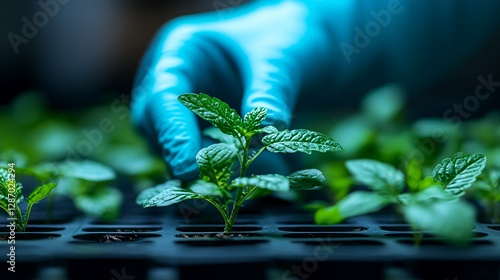 Growing Mint Seedlings in a Greenhouse With Hands Gently Tending to the Plants During a Bright Day