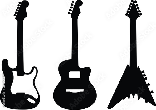 Three Guitar Silhouettes, Acoustic, Metal, Rock Electric Vector Icons
