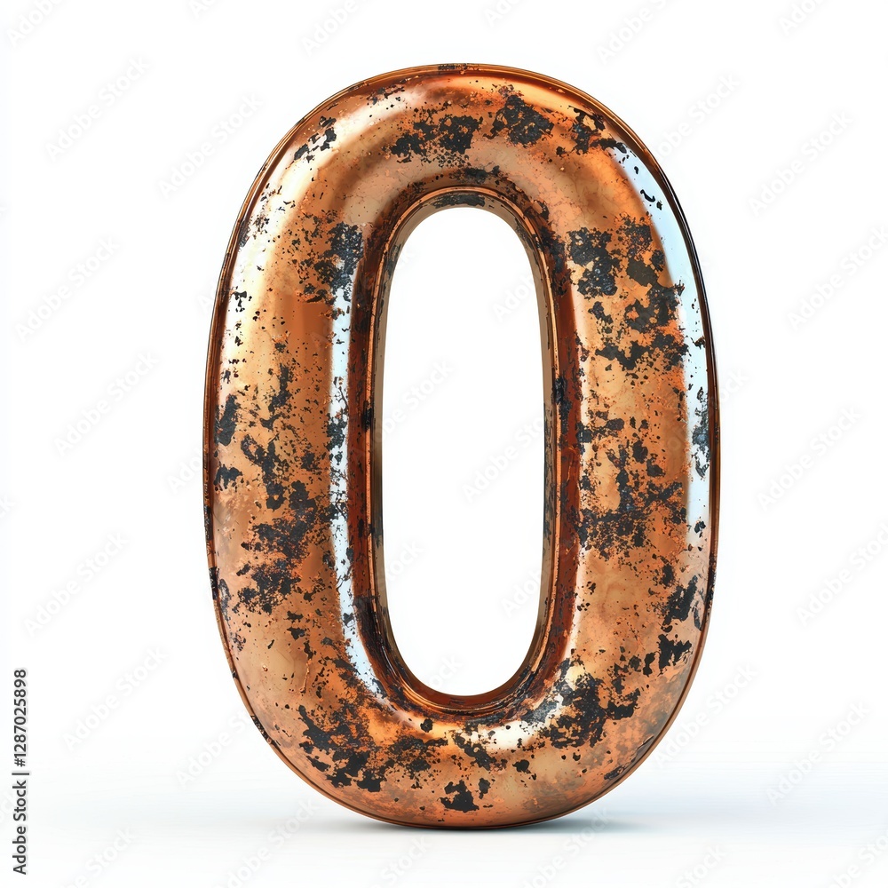 Number 0 made of polished copper with aged patina and reflective highlights isolated on a clean white background Number 0 made of polished copper with aged patina and reflective highlights isolated on a clean white background