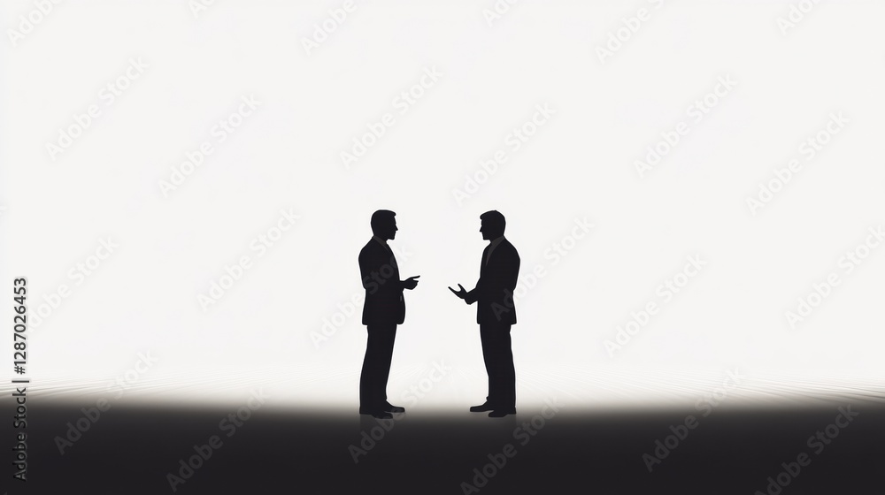 Two business professionals engaged in a discussion against a minimalist background in a modern office setting. Generative AI Two business professionals engaged in a discussion against a minimalist background in a modern office setting. Generative AI
