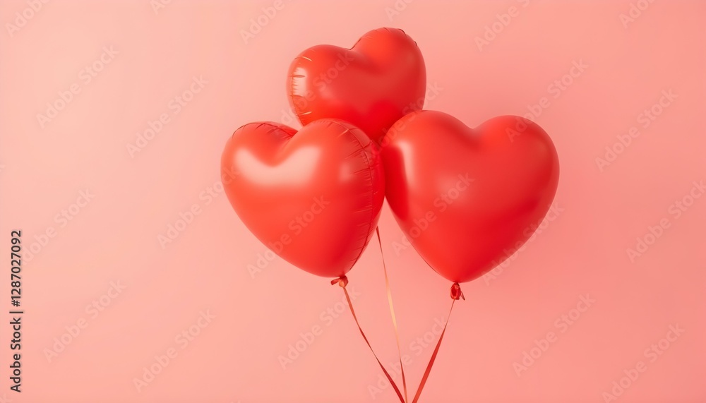 Tres globos rojos en forma de corazón atados con cintas, flotando frente a un fondo rosa liso, creando una composición sencilla y romántica Tres globos rojos en forma de corazón atados con cintas, flotando frente a un fondo rosa liso, creando una composición sencilla y romántica