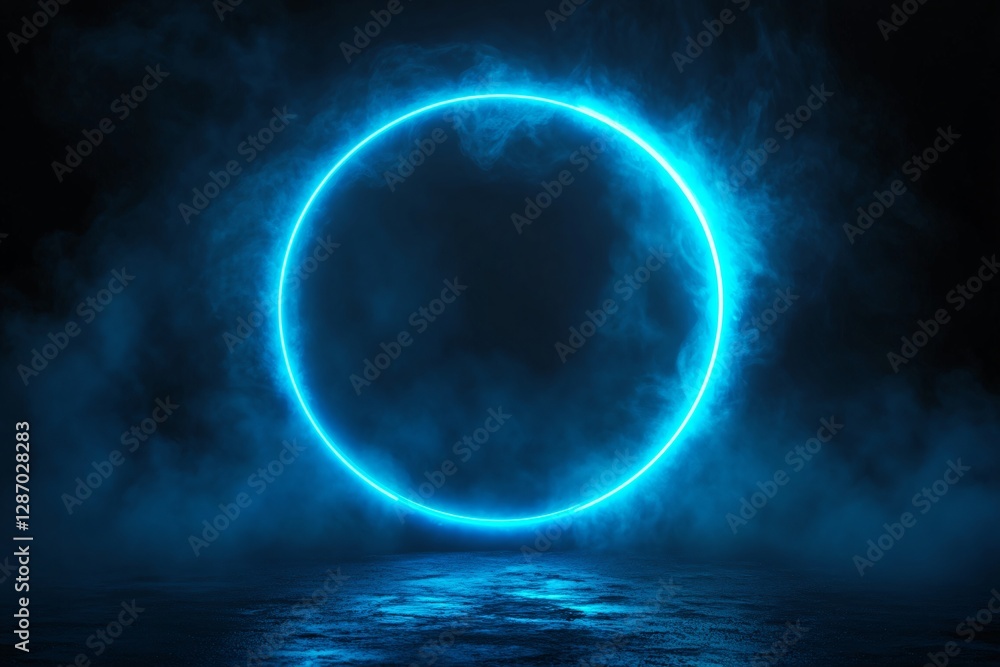 Fototapeta premium Glowing blue neon circle ring reflected in dark water at night. Mystical portal effect with fog and smoke. Abstract futuristic geometric shape for sci fi design concept