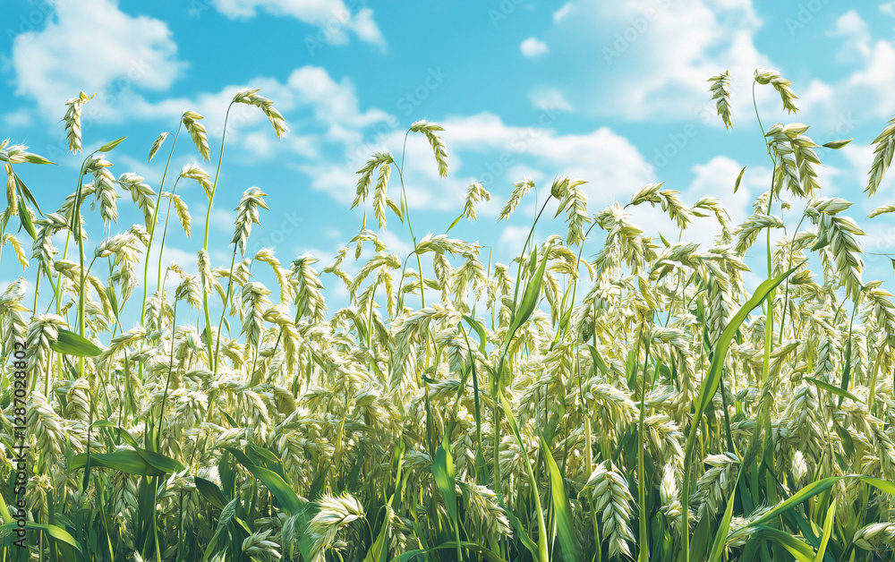 Obraz premium Close-up of oat plants in a vast field under a bright blue sky, golden grain swaying in the wind, agricultural farming landscape, organic crop cultivation