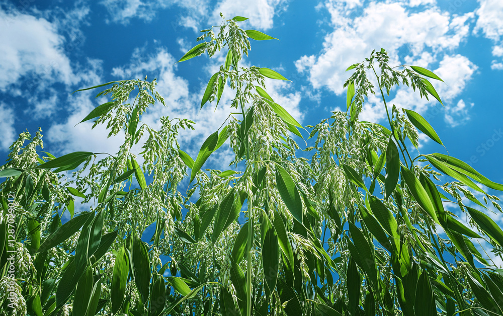 Obraz premium Close-up of oat plants in a vast field under a bright blue sky, golden grain swaying in the wind, agricultural farming landscape, organic crop cultivation