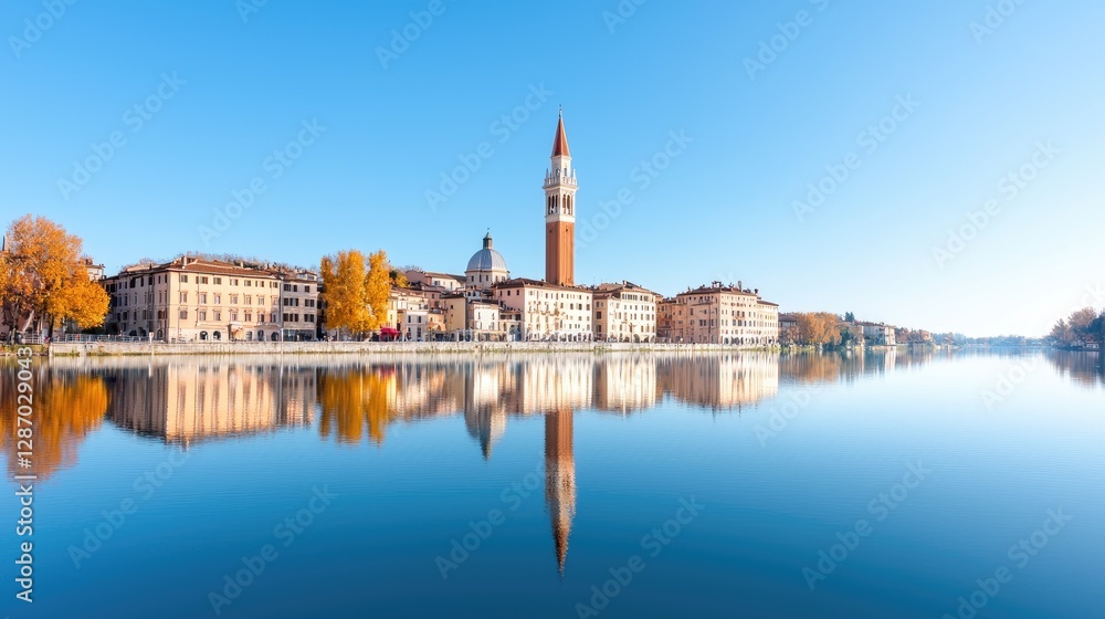 Calm river reflecting autumnal city skyline Calm river reflecting autumnal city skyline
