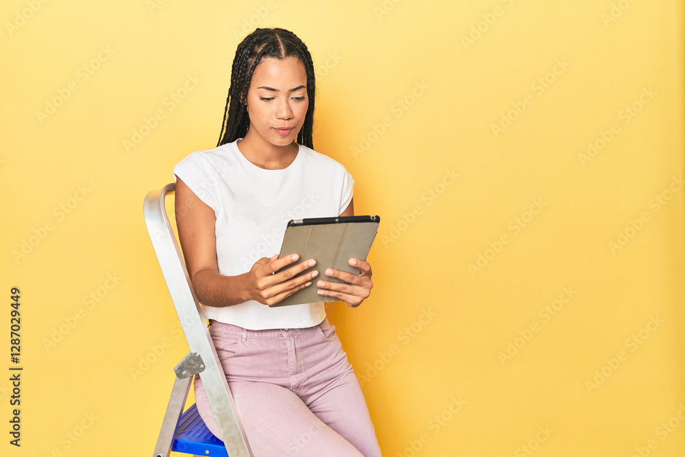 Indonesian woman on ladder with tablet on yellow backdrop Indonesian woman on ladder with tablet on yellow backdrop