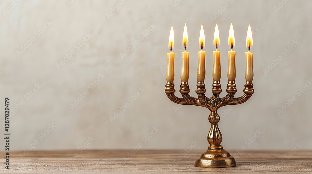 Gold Menorah with Seven Lit Candles on Wooden Table Gold Menorah with Seven Lit Candles on Wooden Table