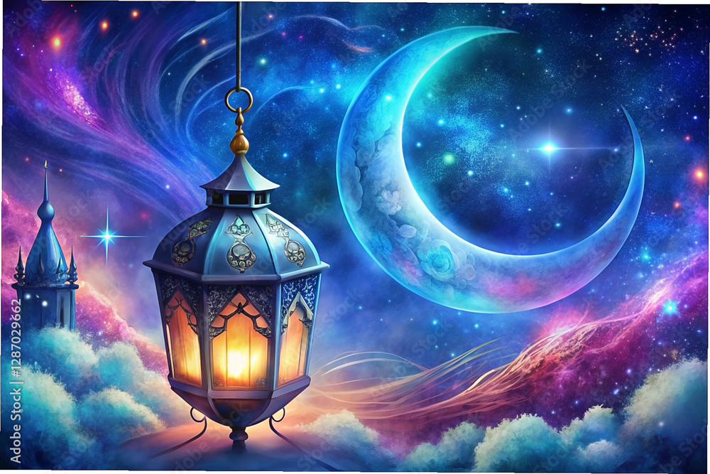 Magical crescent moon, glowing lantern, and castle in a dreamy night sky.