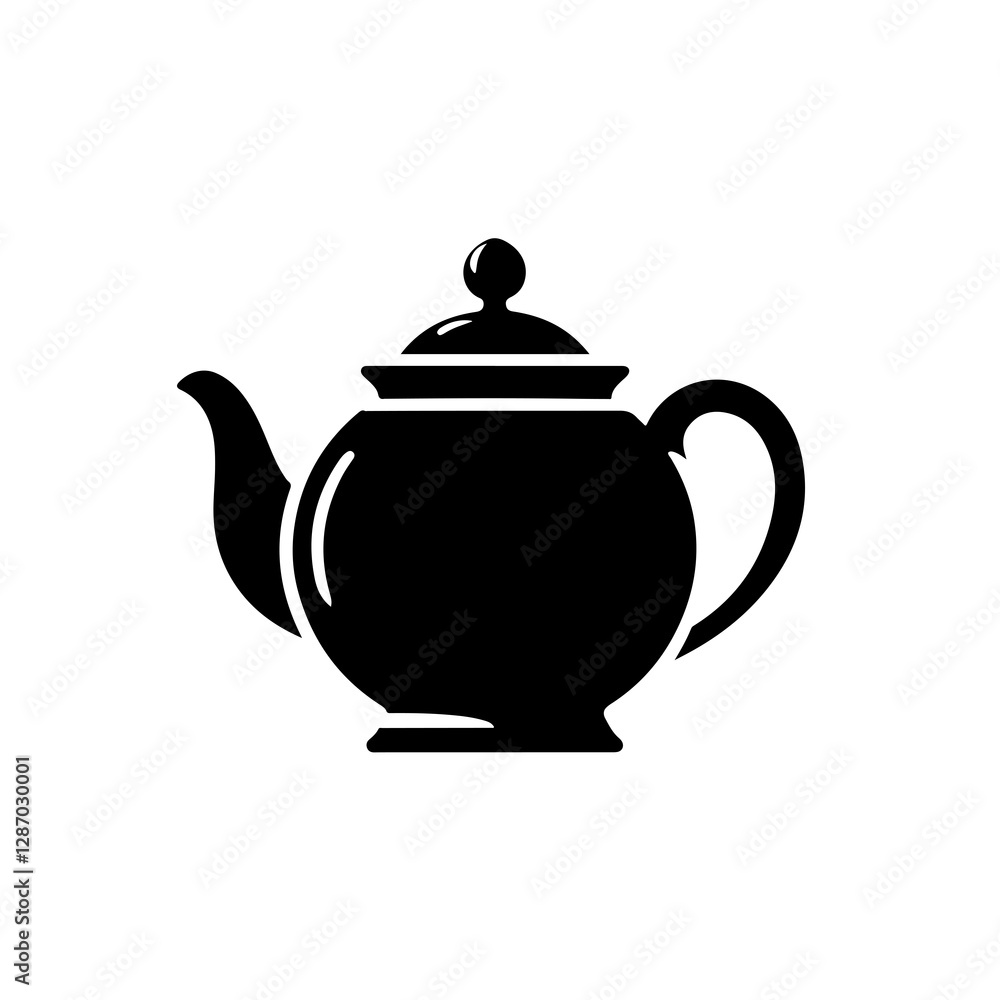 A silhouette of a teapot with a rounded body, a spout that extends outward, a small finial or knob at the top, a curved handle on one side, and a horizontal band near the top, all in solid black again A silhouette of a teapot with a rounded body, a spout that extends outward, a small finial or knob at the top, a curved handle on one side, and a horizontal band near the top, all in solid black again