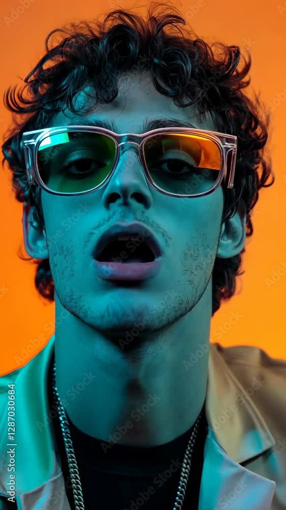Young man posing confidently in stylish sunglasses against vibrant orange background Young man posing confidently in stylish sunglasses against vibrant orange background