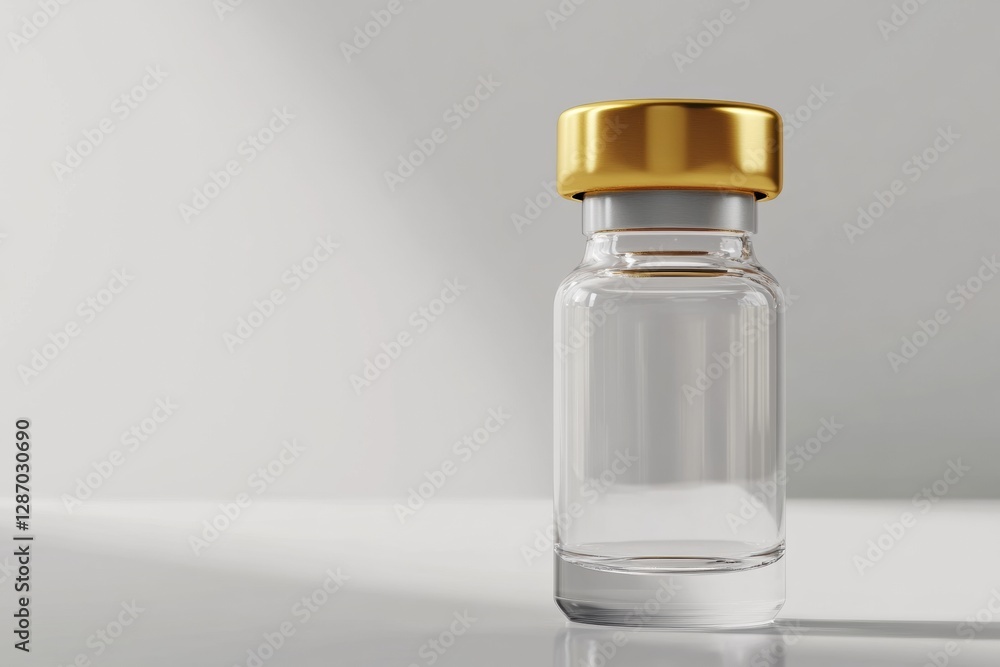 Clear glass vial with gold cap positioned on reflective surface in a well lit setting. Generative AI Clear glass vial with gold cap positioned on reflective surface in a well lit setting. Generative AI