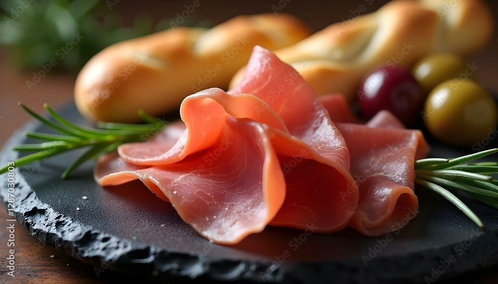 Rebanadas de prosciutto con palitos de pan y aceitunas sobre un plato de piedra negra, ramitas de romero, fondo marrón Rebanadas de prosciutto con palitos de pan y aceitunas sobre un plato de piedra negra, ramitas de romero, fondo marrón