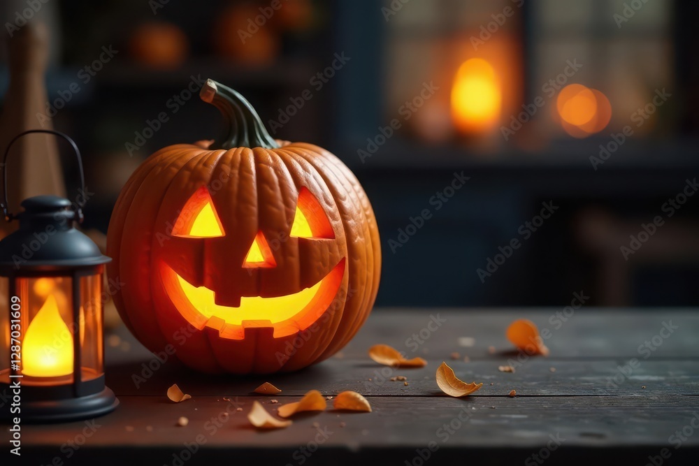 Fototapeta premium Carved wooden pumpkin with glowing lantern on rustic table, wood, pumpkin,