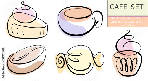 Cafe set - coffee and sweets. Black line/color