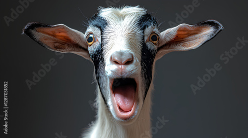 A close-up portrait of a surprised goat with its mouth wide open against a dark background, creating a humorous and expressive look.