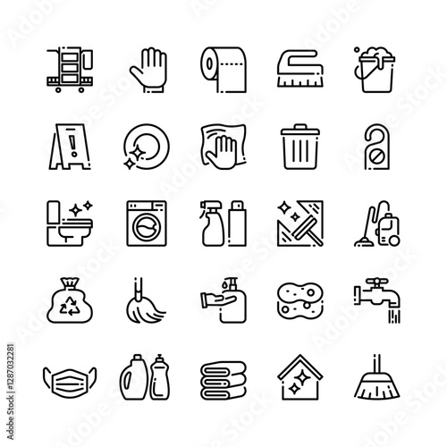 A collection of icons representing cleaning and household items. Each icon is outlined with simple lines, displaying cleaning tools and hygiene-related objects. The minimalistic design captures essent