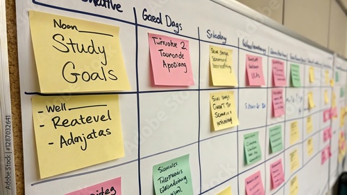 Colorful sticky notes on a board, organized for study planning and achieving goals.