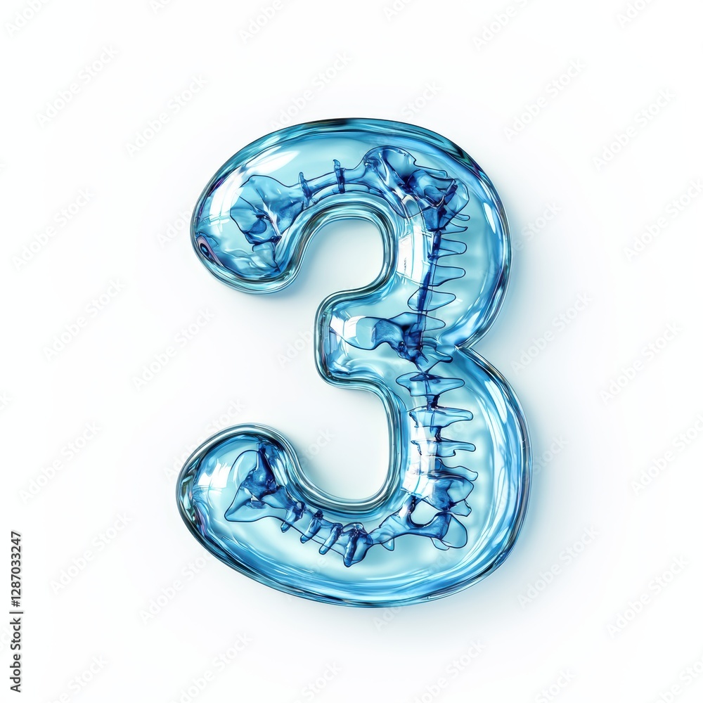 Number 3 made of glowing blue X-ray scan effect with visible bone structure isolated on a clean white background Number 3 made of glowing blue X-ray scan effect with visible bone structure isolated on a clean white background