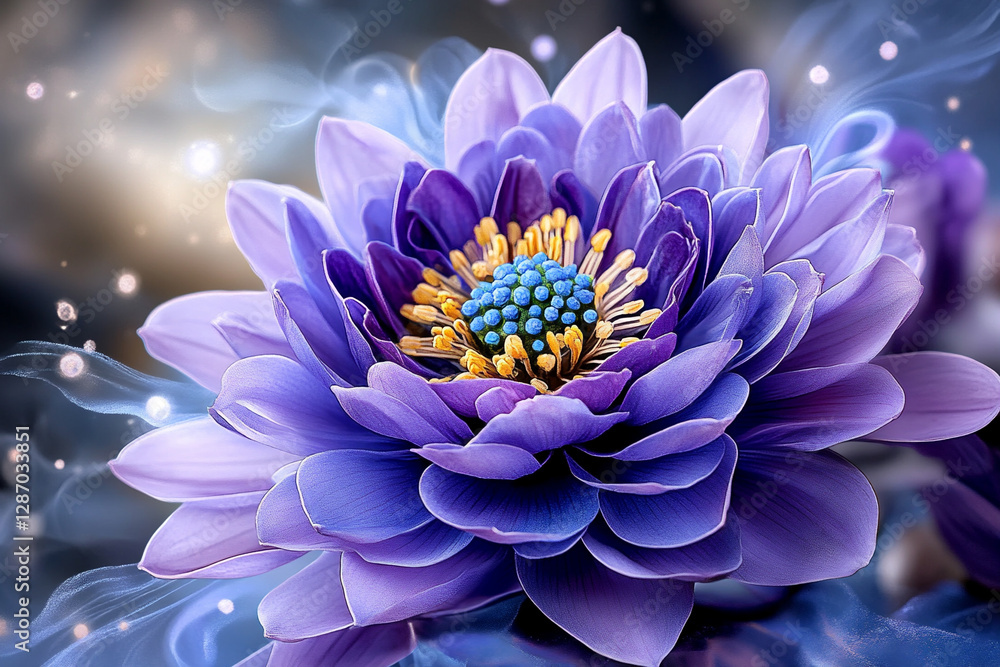 Obraz premium Cosmic Alignment of Pastel Chakras With a Blooming Purple Lotus Flower Radiating Tranquility and Energy