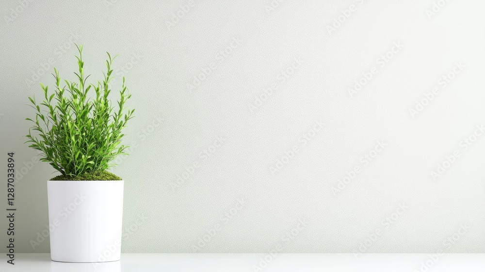 Green plant in white pot, minimalist room, calm background, home decor Green plant in white pot, minimalist room, calm background, home decor