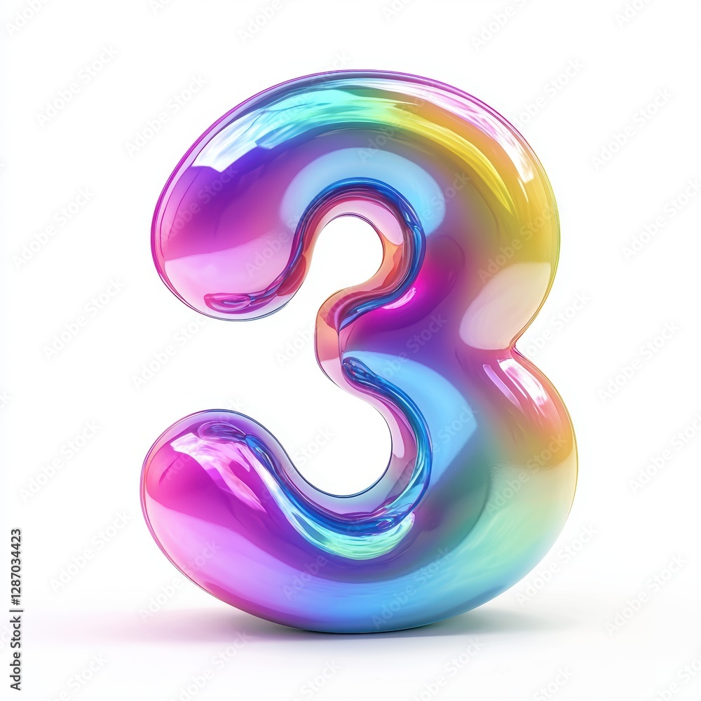 Number 3 made of vibrant rainbow gradient with smooth glossy texture and fluid color transitions isolated on a clean white background Number 3 made of vibrant rainbow gradient with smooth glossy texture and fluid color transitions isolated on a clean white background