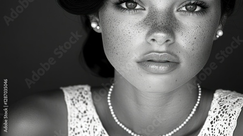 Close-up black and white portrait of woman with freckles and pearl necklace, dark background