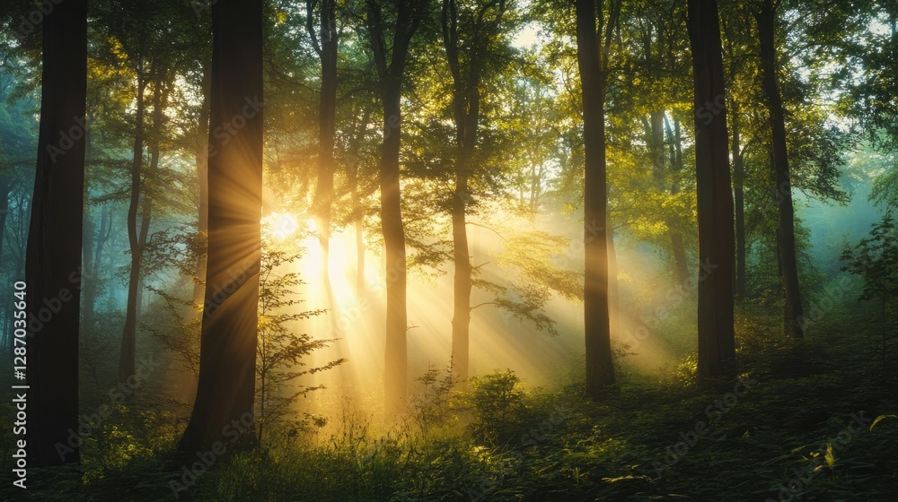Obraz premium Sunlight streams through misty enchanted forest, early morning magic