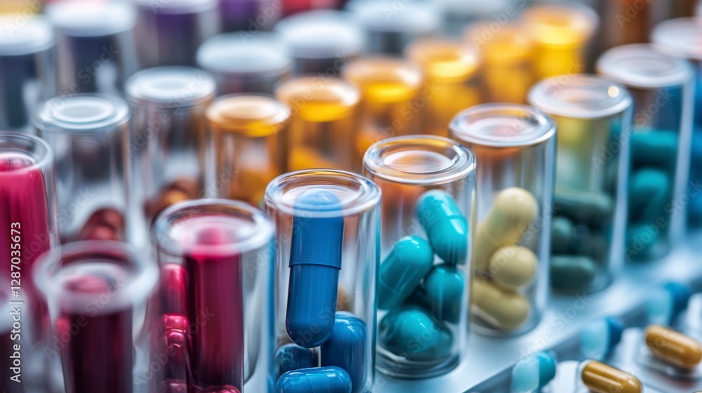 Innovation: Colorful Capsules Showcase Pharmaceutical Research, Science Innovation: Colorful Capsules Showcase Pharmaceutical Research, Science