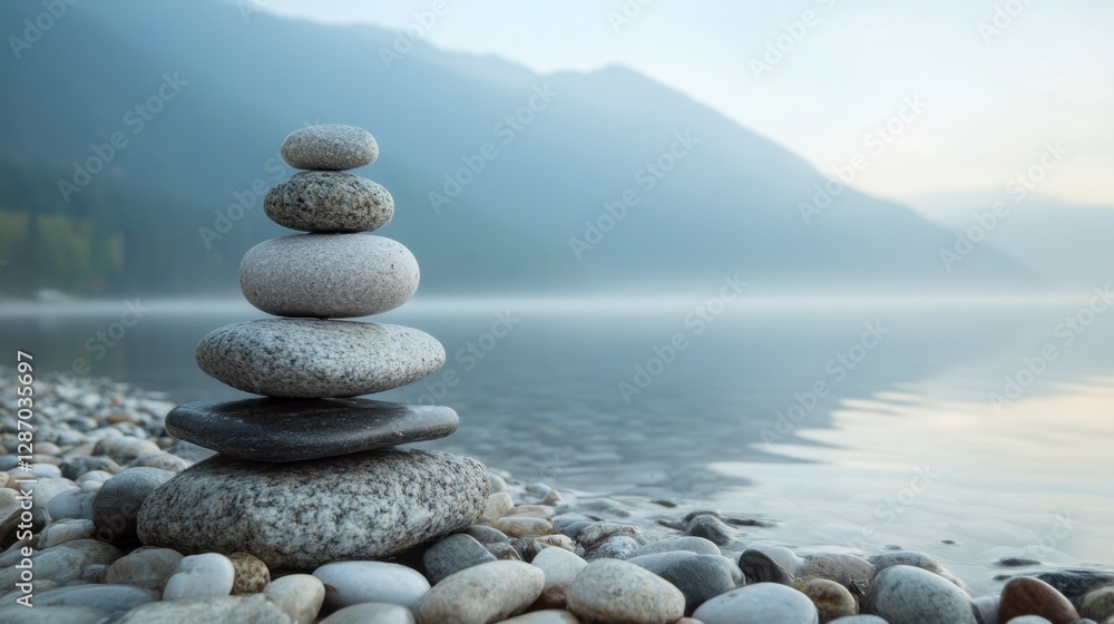 Serene Stone Cairn at Lakeside: Harmony and Balance Serene Stone Cairn at Lakeside: Harmony and Balance
