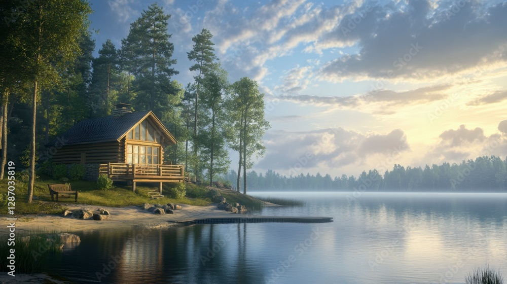 Fototapeta premium Tranquil log cabin lakeside dream, nature retreat