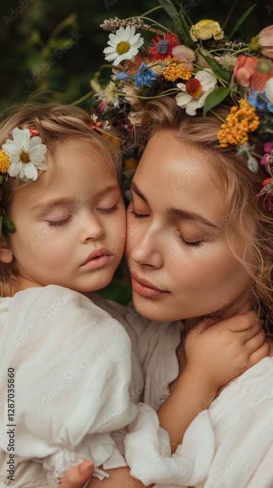 Fototapeta premium A White mother and child share a tender embrace, both wearing flower crowns, capturing the warmth of Mother's Day in nature