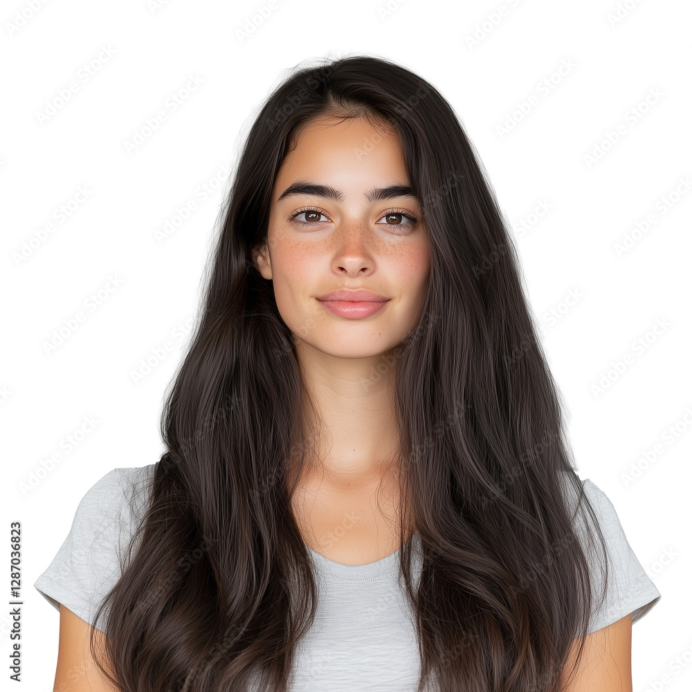 A young woman with long dark hair, wearing a casual grey t-shirt, smiling softly, isolated on a transparent background. Ideal for fashion and lifestyle themes. A young woman with long dark hair, wearing a casual grey t-shirt, smiling softly, isolated on a transparent background. Ideal for fashion and lifestyle themes.