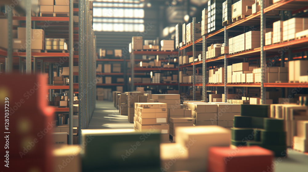Obraz premium Warehouse with Blurred Background, Featuring Industrial Shelving Filled with Large Boxes of Construction Supplies and Furniture Materials, Aisles Designed for Easy Inventory Movement