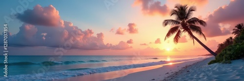 serene beach at dusk with a lone palm tree and soft white sand, solitude, tropical, nature
