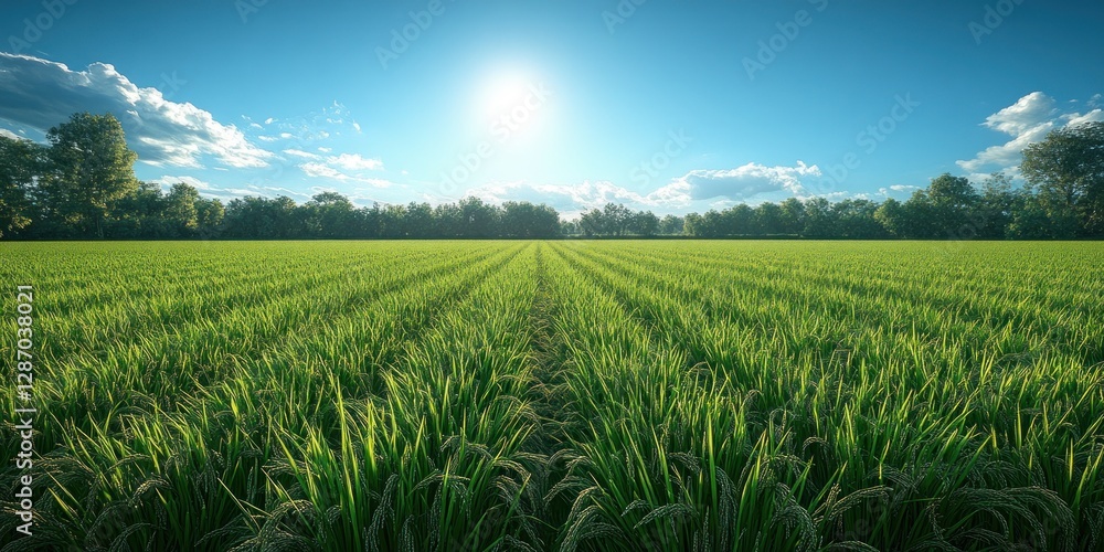 Serene Green Rice Paddy Field Under a Sunny Sky Serene Green Rice Paddy Field Under a Sunny Sky