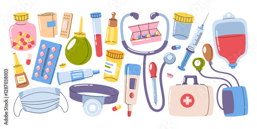 Medical equipment, first aid kit, doctor instruments, pharmaceuticals cartoon flat doodle elements
