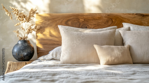 Elegant bedroom interior with mango wood headboard and natural linen