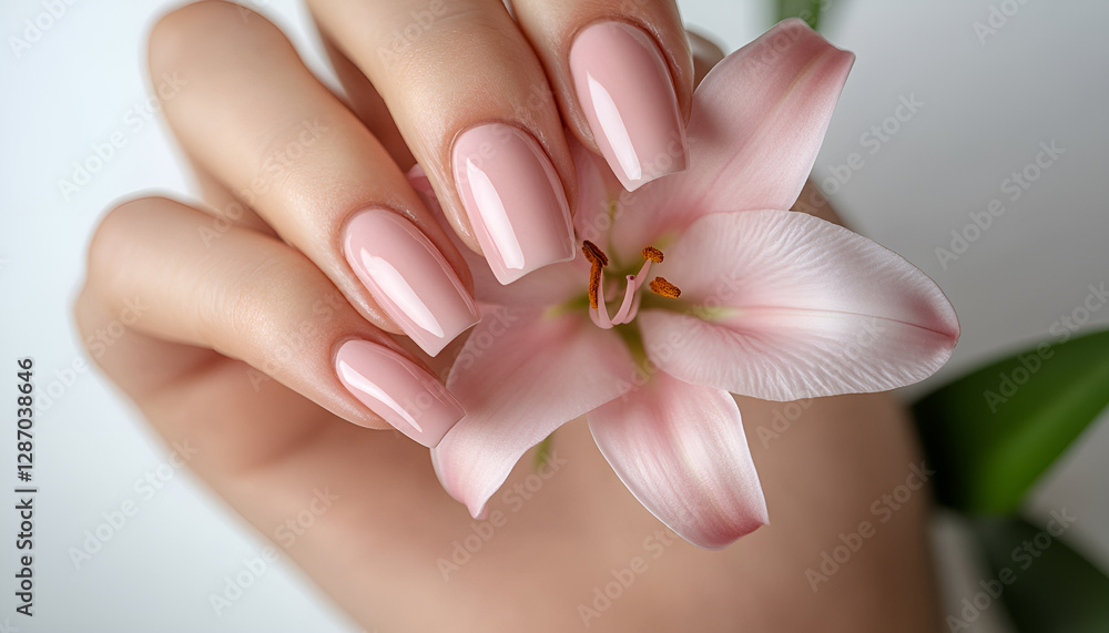 Beautiful woman's nails , hand holding lilly flower, macro shoot Beautiful woman's nails , hand holding lilly flower, macro shoot