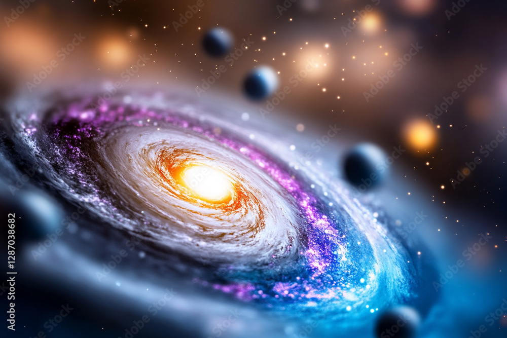 Fototapeta premium Mesmerizing Spiral Galaxy Showcases Deep Pastel Blue Hues With Swirling Star Formations and Celestial Bodies