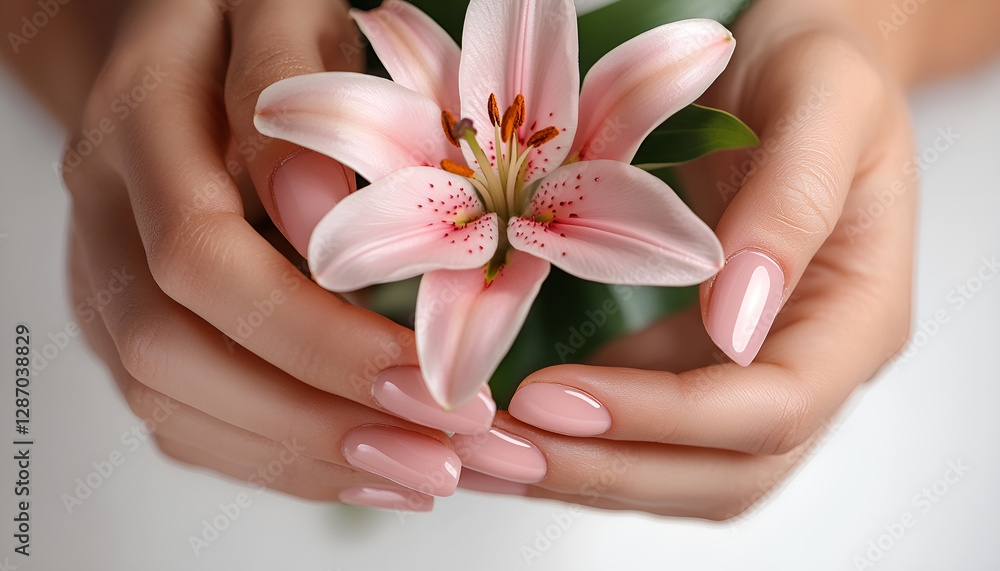 Beautiful woman's nails , hand holding lilly flower, macro shoot Beautiful woman's nails , hand holding lilly flower, macro shoot