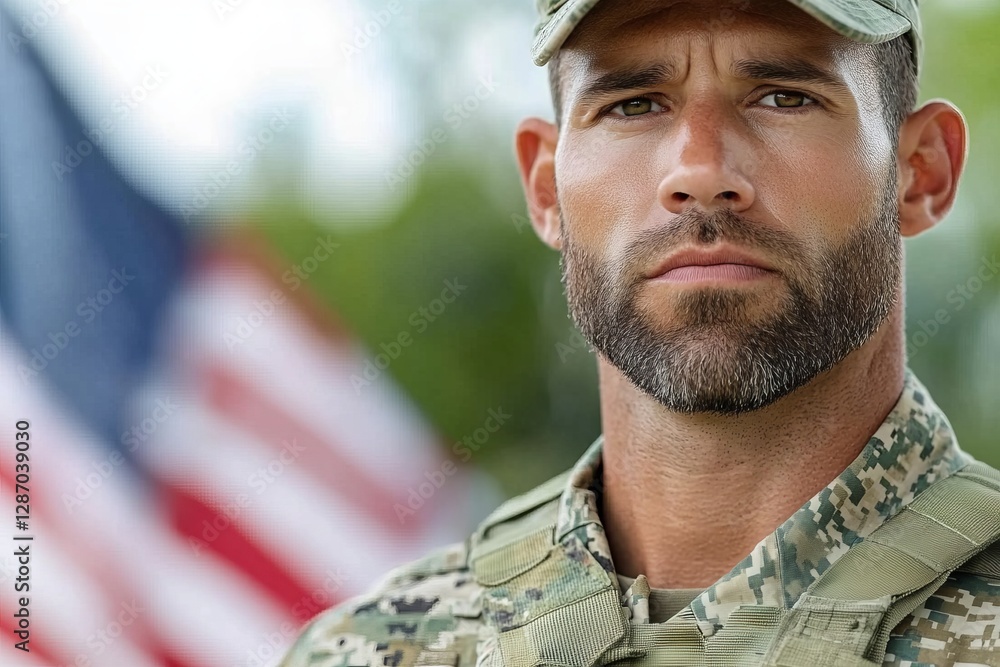 Fototapeta premium American soldier standing proudly with hand on chest and us flag waving in background