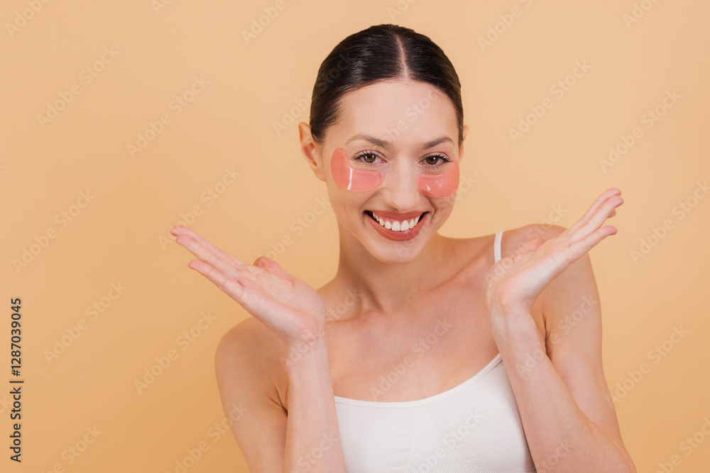 Enthusiastic brunette woman applying hydrogel eye patches is smiling with joy Enthusiastic brunette woman applying hydrogel eye patches is smiling with joy