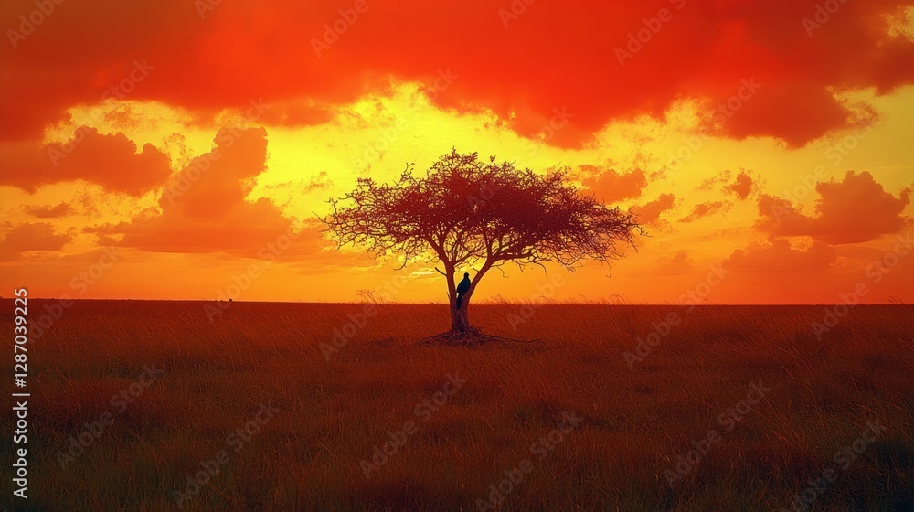 Silhouette tree on savanna at fiery sunset Silhouette tree on savanna at fiery sunset