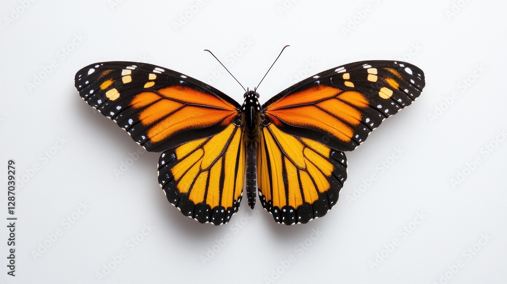 Fototapeta premium Monarch butterfly wings spread, white background, nature