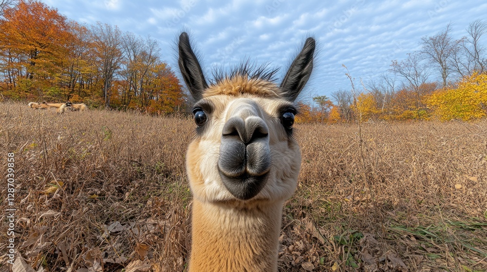 Obraz premium Playful Llama Portrait in Autumn Field