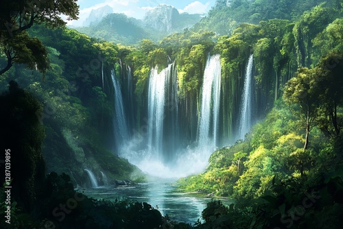 Serene Lush Waterfall in Vibrant Green Tropical Rainforest Tranquil Nature Scene Majestic Waterfall Cascading Water Paradise Peaceful Landscape       