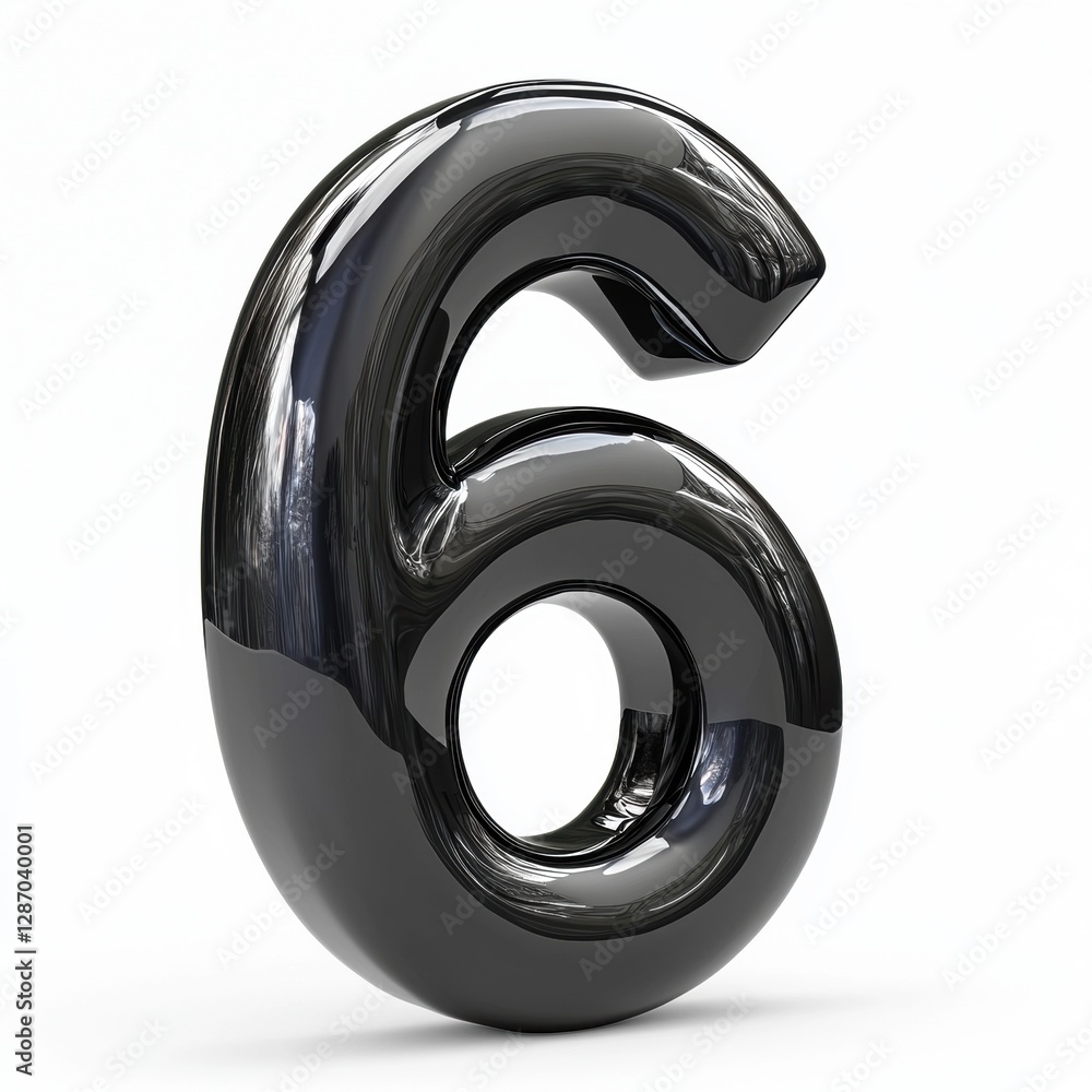 Number 6 made of glossy black obsidian with deep mirror-like reflections and sharp edges isolated on a clean white background Number 6 made of glossy black obsidian with deep mirror-like reflections and sharp edges isolated on a clean white background