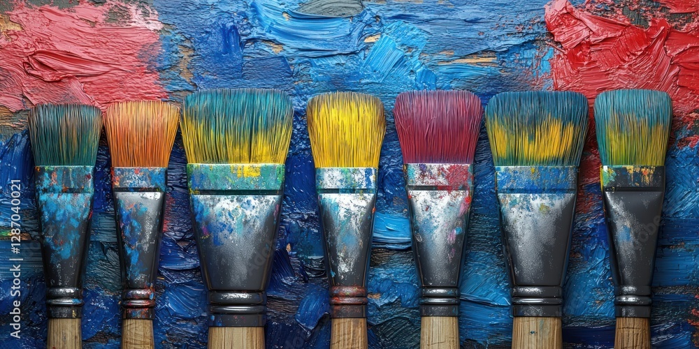Fototapeta premium Vibrant Paintbrushes on a Colorful Canvas: A Symphony of Hues and Textures