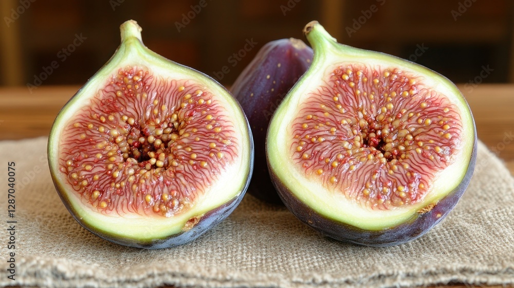 Fresh fig halves on burlap napkin, wooden table background Fresh fig halves on burlap napkin, wooden table background